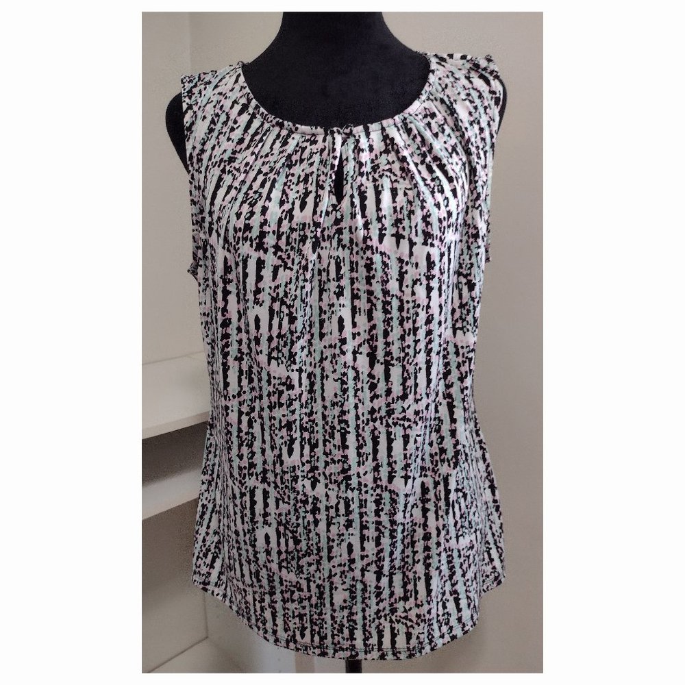 Tahari Multi-Color Pleat Neck Front Button Sleeveless Cami